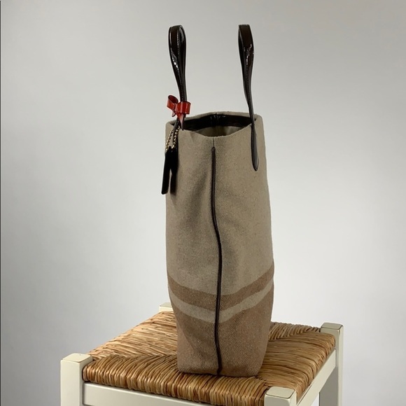 Coach Mahogany & Camel Stripe Wool Shoulder Tote - Picture 7 of 10